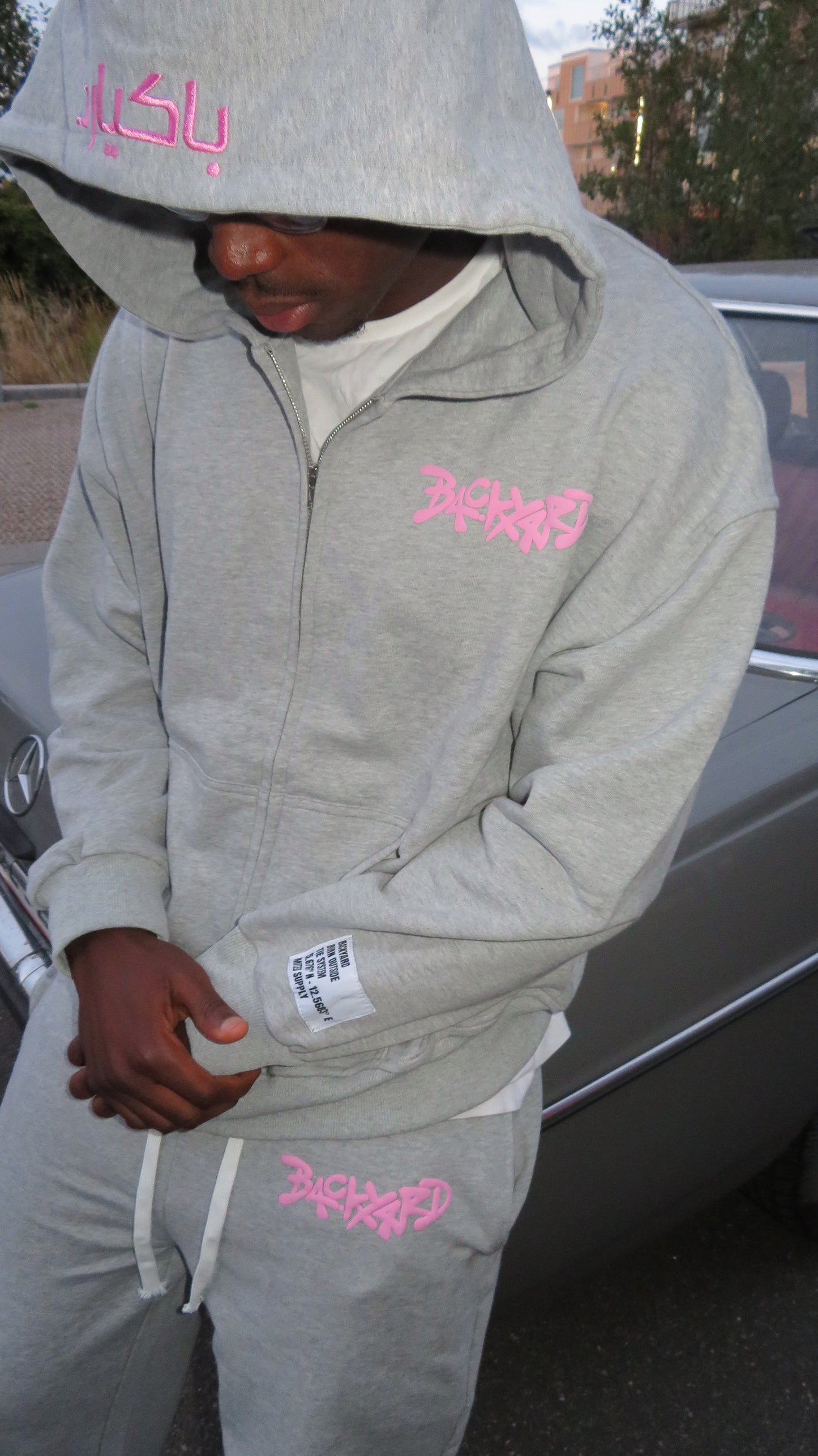 PINK ON GREY ZIP UP HOODIE