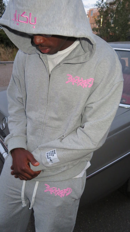 PINK ON GREY ZIP UP HOODIE