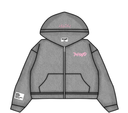 PINK ON GREY ZIP UP HOODIE